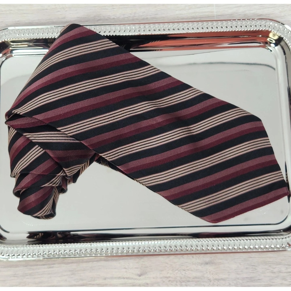 Calvin Klein Mens Tie Burgundy And Black‎ Striped 100% Silk 60"x4" Necktie